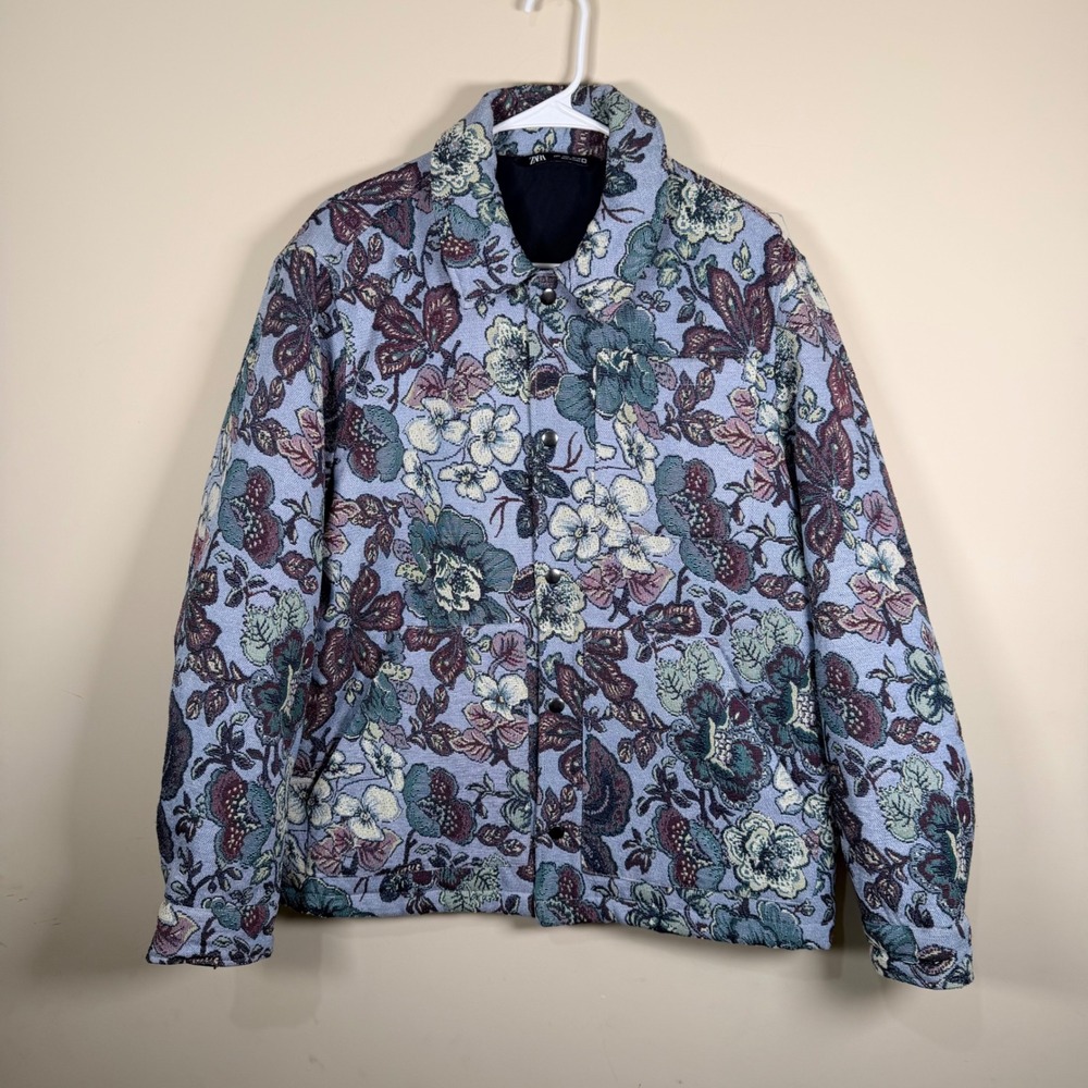 Zara Mens Blue Floral Tapestry Snap Button Jacket Chore Coat Large Maximalist - Picture 2 of 12